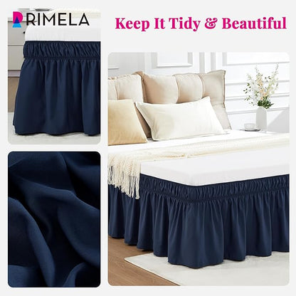 RIMELA Navy Blue Bed Skirt Queen Size 15 Inch Drop, Elastic Bed Skirting for Bed Base and Frame, Bedding Dust Ruffle Easy to Install, Lightweight Wrap Around Adjustable Bedskirt