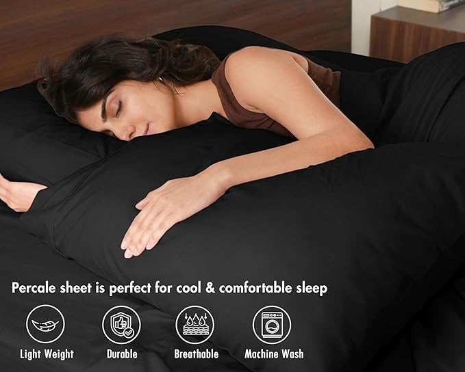 RUVANTI 100% Cotton Sheets – Twin Size Percale Bedding, Cooling & Breathable, Durable with a Crisp, Soft & Comfortable Feel, 16" Deep Pocket, 3-Piece Set, Jet Black