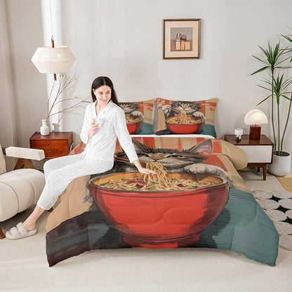 Erosebridal Cat Quilt Insert Full Size Noodles Bedding Set for Kids Boys Girls Bowl Food Kawaii Cute Kitten Red Grey Comforter Warm Soft Comforter Set
