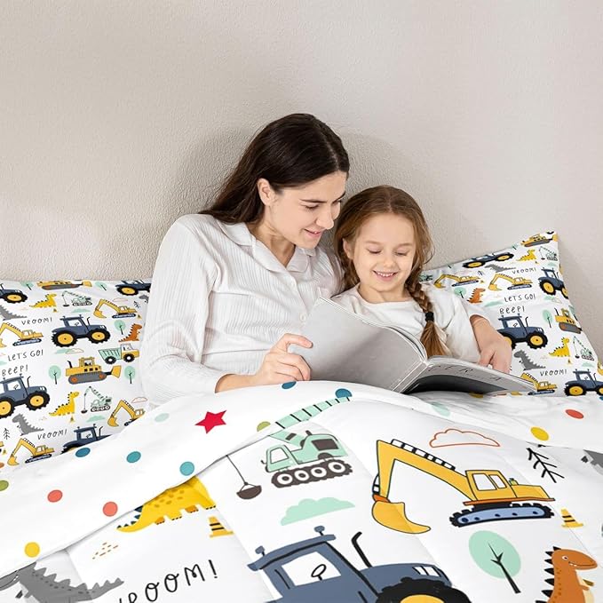 Kids Excavator Comforter Set Full, Cartoon Equipment Trucks Bedding for Boys Girls Children, Dinosaur Duvet Insert, Yellow Blue Construction Vehicle Down Comforter, Tractor Quilt Set Bedroom Decor