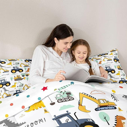 Kids Excavator Comforter Set Full, Cartoon Equipment Trucks Bedding for Boys Girls Children, Dinosaur Duvet Insert, Yellow Blue Construction Vehicle Down Comforter, Tractor Quilt Set Bedroom Decor
