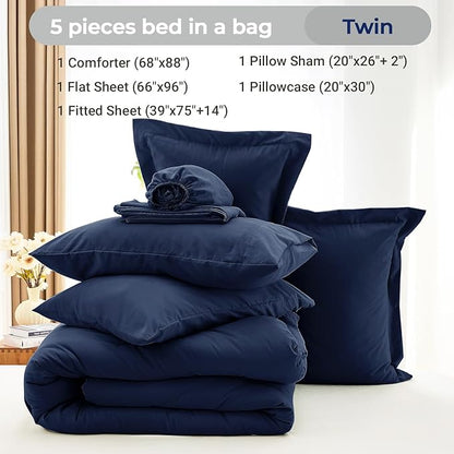 MUXHOMO 5 Pieces Twin Comforter Set, Soft Bed in a Bag Twin Size, All Season Bedding Set with Comforter, Flat Sheet, Fitted Sheet, Pillowcases & Shams, Navy Blue
