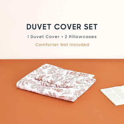 Wake In Cloud - Floral Duvet Cover Set, Botanical Vintage Flower Coquette Cottagecore Aesthetic for Women Teen Girls, Soft Lightweight Bedding, 3-Piece, Terracotta, Twin/Twin XL Size
