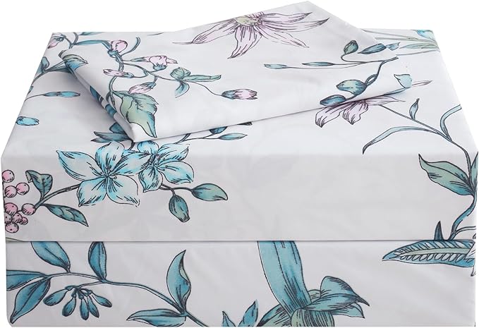 JSD White Blue Floral Printed Sheet Set Twin Size, 3 Piece Botanical Microfiber Sheets Extra Deep Pocket