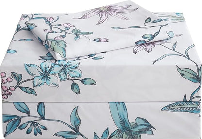 JSD White Blue Floral Printed Sheet Set Twin Size, 3 Piece Botanical Microfiber Sheets Extra Deep Pocket