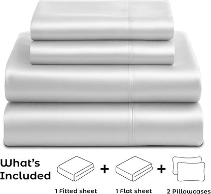 Satin Sheets King [4-Piece, White] Hotel Luxury Silky Bed Sheets - Extra Soft 1800 Microfiber Sheet Set, Wrinkle, Fade, Stain Resistant - Deep Pocket Fitted Sheet, Flat Sheet, Pillow Cases