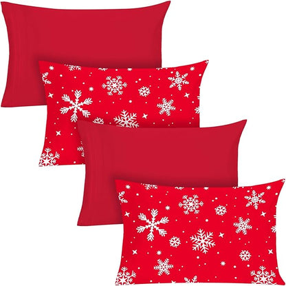 YIYEA Christmas Pillow Cases Queen Size Set of 4, Ultra Soft Double Brushed Microfiber Red Pillowcases and Christmas Snowflake Pillow Covers, Envelope Closure, Fade Resistant (20"x30")