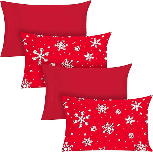 YIYEA Christmas Pillow Cases Queen Size Set of 4, Ultra Soft Double Brushed Microfiber Red Pillowcases and Christmas Snowflake Pillow Covers, Envelope Closure, Fade Resistant (20"x30")