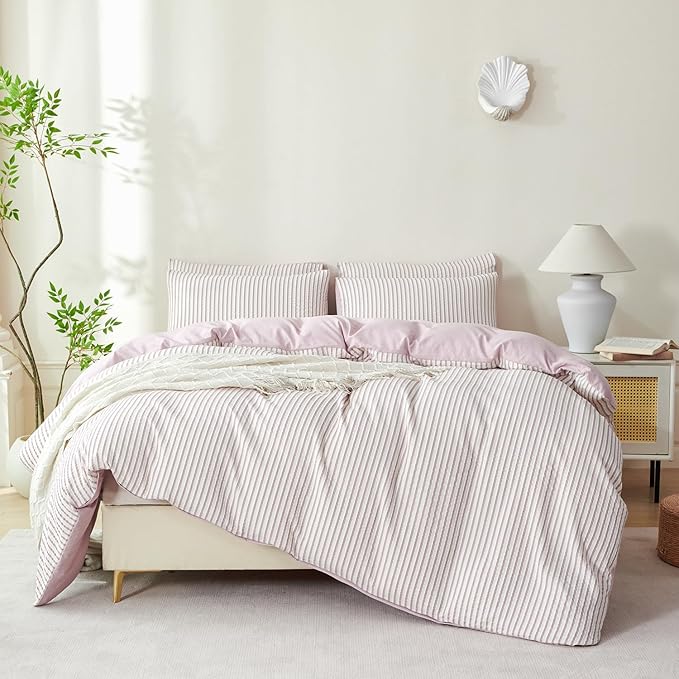 King Size Comforter Set Striped Light Purple Soft Luxury Washed Microfiber Jacquard 3 Pieces Bedding Purple Vertical Ticking Stripes Comforter with 2 Pillowcases Breathable Durable Comfy