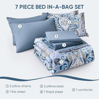 Drucon Blue Paisley Comforter Set Queen, 7 Pieces Bed in a Bag Boho Comforter Soft Microfiber Blue Paisley Bedding(1 Comforter, 1 Flat Sheet, 1 Fitted Sheet, 2 Pillow Shams, 2 Pillowcases)