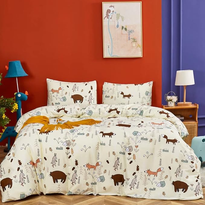 CLOTHKNOW Kids Queen Comforter Set 3Pcs Yellow Animal Bedding Comforter Sets Fox Woodland Forest Comforter with 2 x Pillow Cases