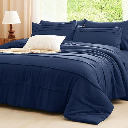 CozyLux Full Size Comforter Sets Navy Blue, 7 Pieces Soft Pinch Pleat Bed in a Bag Full Comforter Set with Sheets, Boho Bed Set with Down Alternative Comforter, Sheets, Pillowcases & Shams