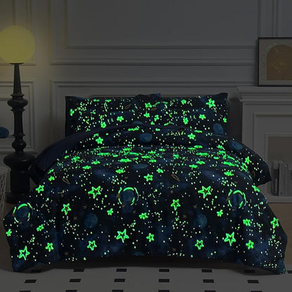 Glow in The Dark Kids Comforter Set, 7 Pieces Blue Space Bedding Set Full Size for Boys Girls Teen, 1 Comforter, 2 Pillowcases, 2 Pillow Shams, 1 Flat Sheet, 1 Fitted Sheet