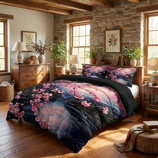 Cherry Blossoms Bedding Set Queen Size, Black Pink Japanese Comforter Set for Girls, 3Pcs Soft Microfiber Quilted Set with 2 Pillowcases, 90"x90"