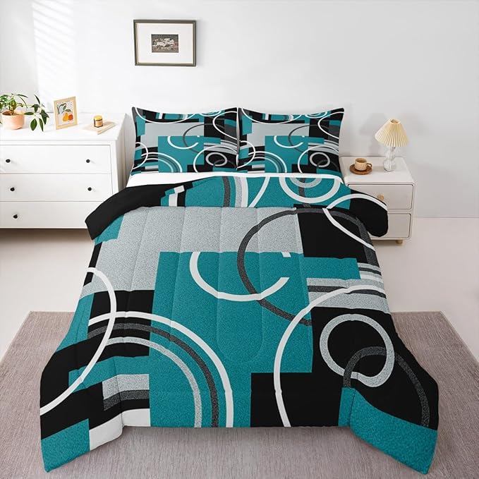 Modern Turquoise Decor Comforter Full Geometric Circles Gird Bedding Set For Boys Girls Kids Teens Adult Black Grey Down Comforter Stripe Swirls Duvet Set Modern Graphic Texture Quilted Comforter