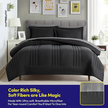 Full Size Comforter Set Quilted Stripe Bedding Bundle – Comforter, Mattress Protector, Sheets with Pockets on the Side & Built-in Corner Strap – Fitted Sheet Media Pocket for Devices, Black/Charcoal