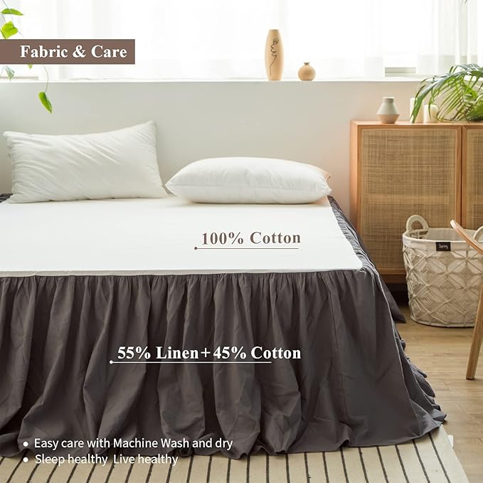 BISELINA French Linen Bed Skirt with Pleated Frills 14-Inch Tailored Drop Natural Flax Cotton Blend Dust Ruffle Soft Cozy Farmhouse Bedding (14" Full, Ruffle Dark Grey)