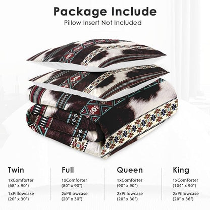 Full Size Comforter Set with 2 Pillowcases, Western Retro Cow Cowhide Print 3 Pcs Bedding for Kids and Adults, Vintage Fur Animal Soft Comforter Set for Bedroom Bed Decor