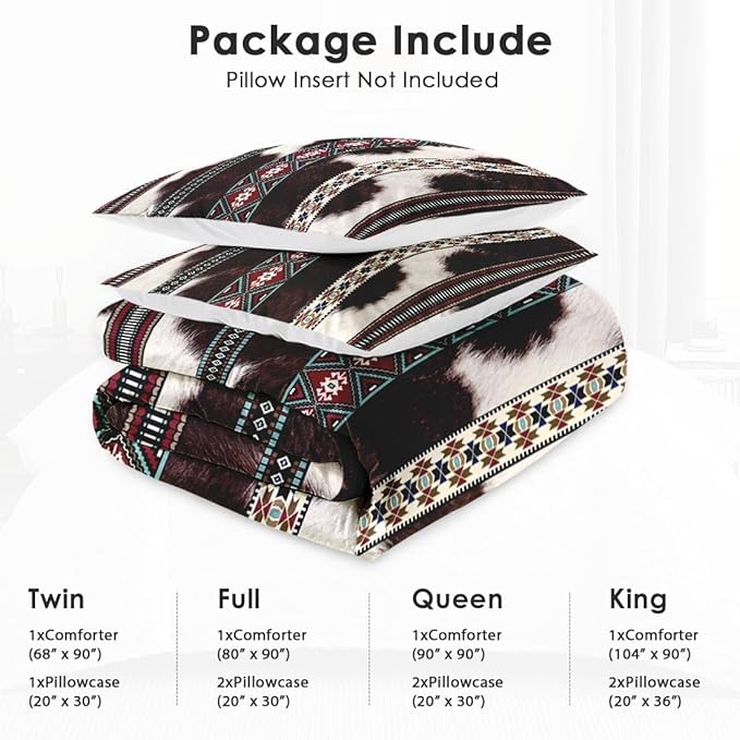 King Size Comforter Set with 2 Pillowcases, Cowhide Cow Print 3 Pcs Bedding for Kids and Adults, Vintage Animal Fur Soft Comforter Set for Bedroom Bed Decor