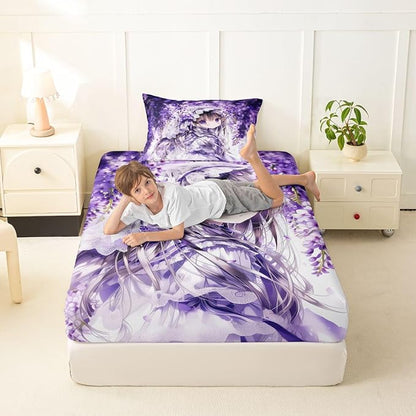 Erosebridal Lilac Flower Girl Fitted Sheet for Boys Girls Kids Purple Spring Floral Twin Bed Sheets,Anime Girl Sheets Cartoon Anime Gift Bedding Sets, No Top Sheet