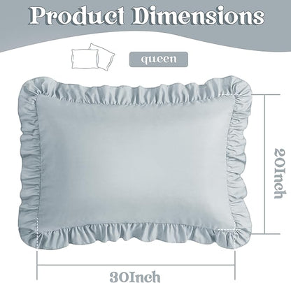 KKJIAF Ruffle Pillow Cases Queen Size Set of 2, Ruffled Pillow Covers with Envelope Closure, Wrinkle Resistant Ruffled Pillow Shams 20" x 30", Dusty Blue