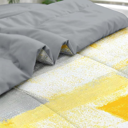 Comforter Set King Size, Grey Yellow Painting Gray 7 Pcs Bedding for Kids and Adults, Office Contemporary Abstract Bed Sheet Sets with Fitted Sheet 2 Pillowcase & 2 Sham for Bedroom Bed Decor