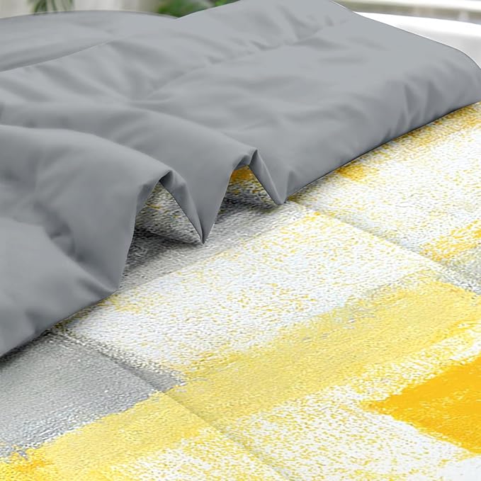 Comforter Set Full Size, Grey Yellow Painting Gray 7 Pcs Bedding for Kids and Adults, Office Contemporary Abstract Bed Sheet Sets with Fitted Sheet 2 Pillowcase & 2 Sham for Bedroom Bed Decor