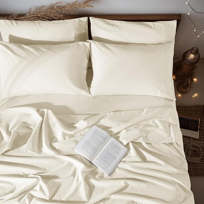 LBRO2M 100% Pure Linen Sheet Set Deep Pocket Up to 16" Bed Sheets Sets, Natural Flax Beddings Soft, Breathable, Comfortable for All Seasons 6 Pcs Sheet Set Full Size, Beige