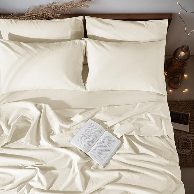 LBRO2M 100% Pure Linen Sheet Set Deep Pocket Up to 16" Bed Sheets Sets, Natural Flax Beddings Soft, Breathable, Comfortable for All Seasons 6 Pcs Sheet Set Queen Size, Beige