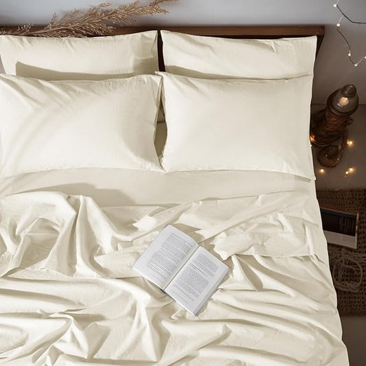 LBRO2M 100% Pure Linen Sheet Set Deep Pocket Up to 16" Bed Sheets Sets, Natural Flax Beddings Soft, Breathable, Comfortable for All Seasons 6 Pcs Sheet Set Queen Size, Beige