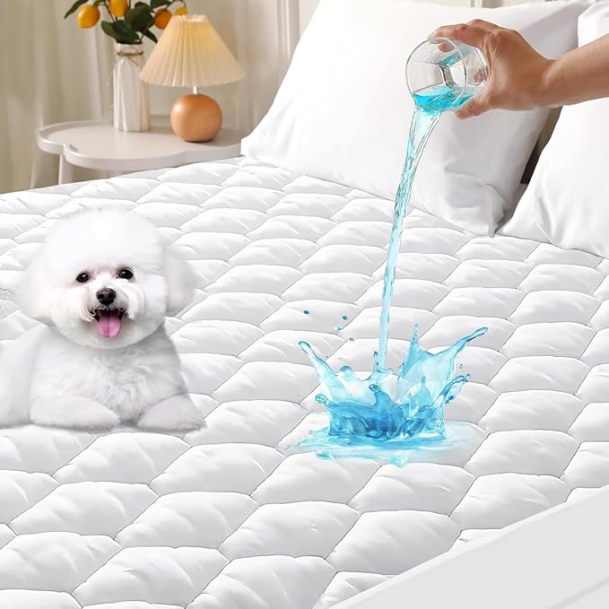 MUXHOMO Queen Mattress Protector, 100% Waterproof Quilted Mattress Cover Queen Size Bed, Noiseless Soft & Cooling Mattress Pad Cover, Deep Pocket 6"-21", White