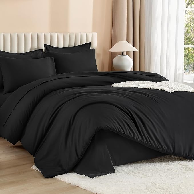 Litanika Oversized King Comforter Sets Black - 7 Pieces Bed in a Bag Oversized King Bedding Comforter Sets, Solid Lightweight Bed Set with Comforter, Sheets, Pillowcases & Shams