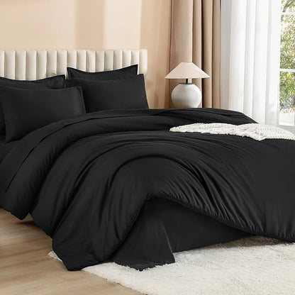 Litanika Oversized King Comforter Sets Black - 7 Pieces Bed in a Bag Oversized King Bedding Comforter Sets, Solid Lightweight Bed Set with Comforter, Sheets, Pillowcases & Shams