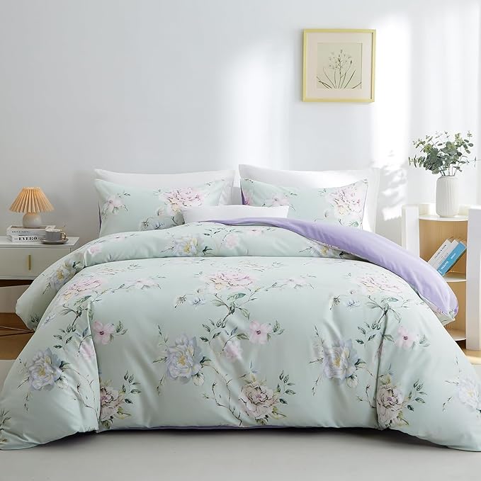 BOLINLIVING Floral King Comforter Set 3 Pieces, Soft Breathable Bed in a Bag King Size, Green and Purple Floral Bedding Set for All Season, 1 Comforter & 2 Pillowcases