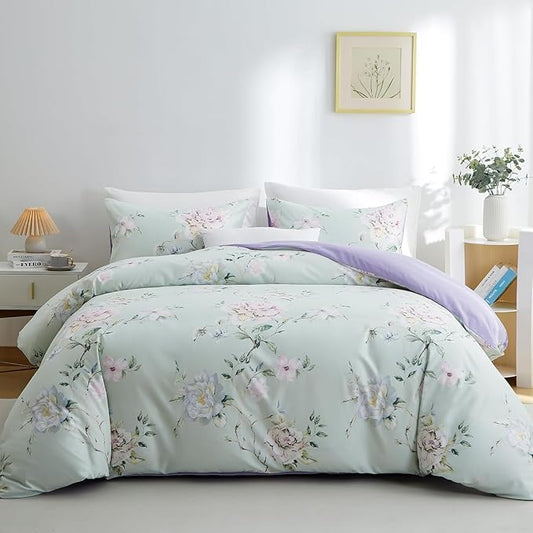 BOLINLIVING Floral King Comforter Set 3 Pieces, Soft Breathable Bed in a Bag King Size, Green and Purple Floral Bedding Set for All Season, 1 Comforter & 2 Pillowcases