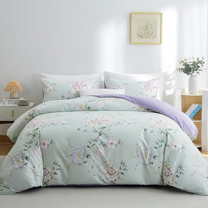 BOLINLIVING Floral Full Comforter Set, Soft Breathable Bed in a Bag King Size 3 Pieces, Green and Purple Floral Bedding Set for All Season, 1 Comforter & 2 Pillowcases