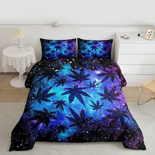 Erosebridal Leaves Comforter Set Teens Galaxy Bedding Set Full for Women Men Youth Soft Chic Purple Blue Duvet Set Room Decor Quilt Set