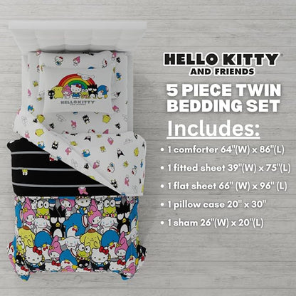 Franco Collectibles Hello Kitty & Friends Bedding 5 Piece Super Soft Comforter and Sheet Set with Sham, Twin, (Official Licensed Product)