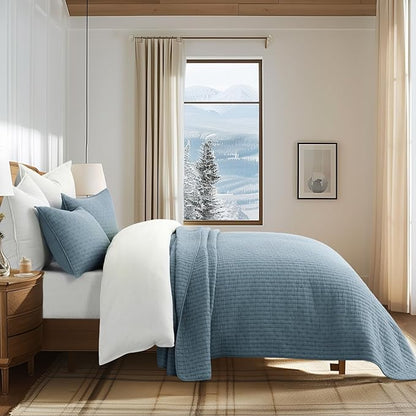 EVERGRACE x Kinsey Walsh Cross Stitch Pre-Washed Cotton Quilt Bedding Set King Size, Oversized 3 Pieces Lightweight Bedspread Coverlet for All Season, with 2 Matching Shams, Dusty Blue, 118"x106"