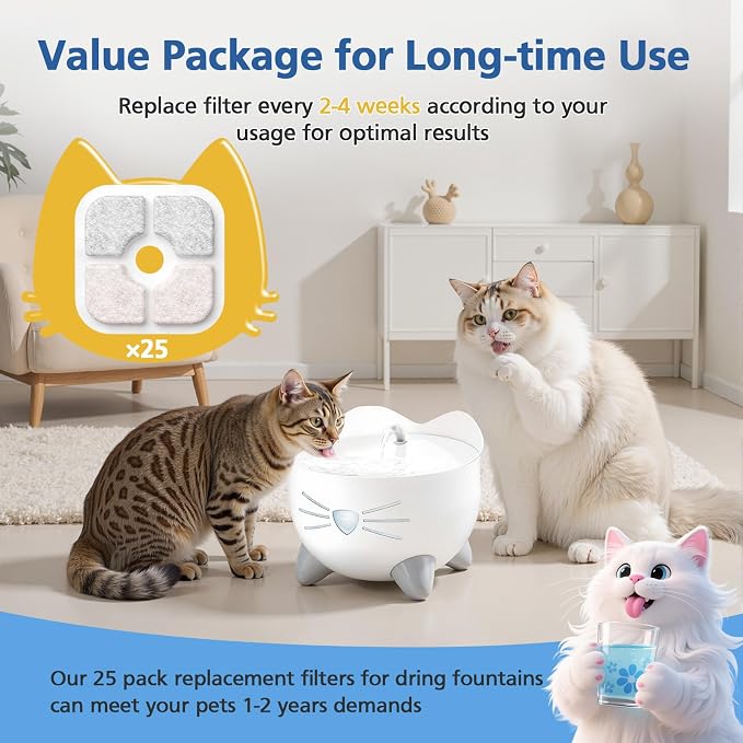 25 Pack Cat Fountain Filter Compatible With Catit PIXI Drinking Fountain | Replacement Triple Action Water Filter with Ion-exchange Resin & Activated Carbon, White