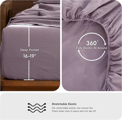 MooMee Bedding Sheet Set 100% Washed Cotton Linen Like Textured Breathable Durable Soft Comfy (Solid Taro Purple, King)