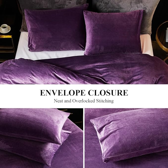 Ivellow Velvet Flannel Duvet Cover Set King Size Purple Duvet Ultra Soft Breathable Cozy Velour Luxury Bedding Set Zipper Closure Corner Ties