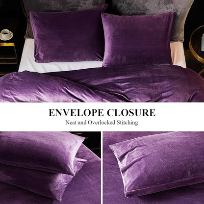 Ivellow Velvet Flannel Duvet Cover Set King Size Purple Duvet Ultra Soft Breathable Cozy Velour Luxury Bedding Set Zipper Closure Corner Ties