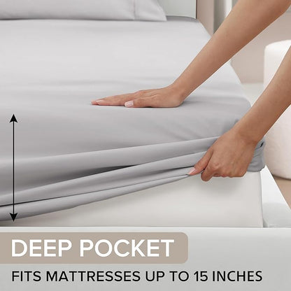 UGG Hedi Twin XL Sheet Set 3-Piece Luxury Cooling Sheets Deep Pockets Premium Bedding with 1 Pillow Sham Hypoallergenic Machine Washable Soft Lightweight Bed Set for Dorm, Twin XL, Stone Grey