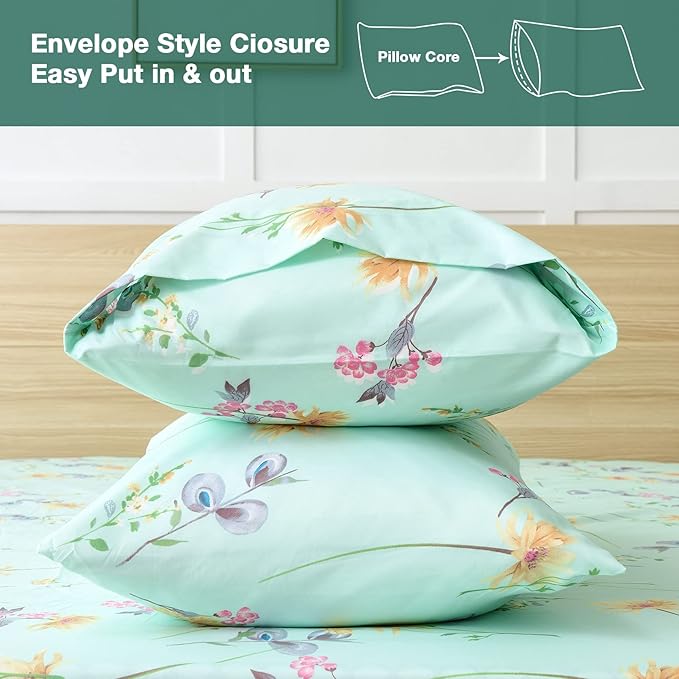 JSD Green Floral Queen Sheet Set 6 Piece, Soft Boho Printed Microfiber Bed Sheets Extra Deep Pocket, Oeko-TEX Certified