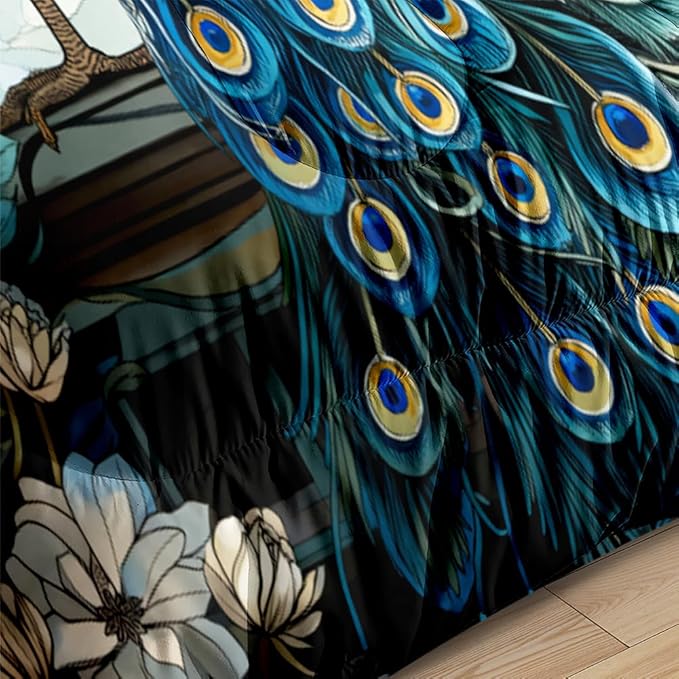 Blue Peacock Comforter Set King Size Bird and Floral Bedding Set Animal Feather Bedding Sets Victorian Style Flower Birds Comforters Soft Down Alternative Comforter Sets for All Season