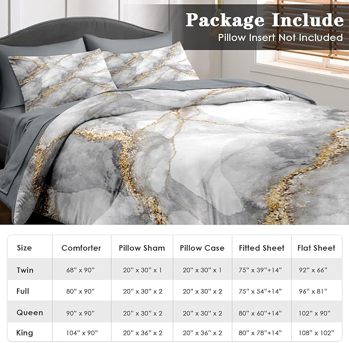 Comforter Set Full Size, Marble Gold Stone 7 Pcs Bedding for Adults, Gray Vintage Retro Bed Sheet Sets with Fitted Sheet 2 Pillowcases & 2 Shams for Bedroom Bed Decor