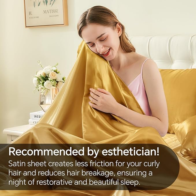 BEDELITE Satin Sheets Twin Size Bed Set, Luxury Soft Gold Silky Sheets for Hair and Skin, Similar to Silk Bed Sheets Set 3 Pieces with 1 Deep Pocket Fitted Sheet, 1 Flat Sheet, and 1 Pillowcase