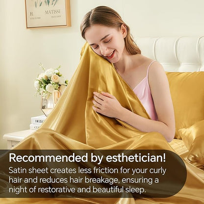 BEDELITE Satin Sheets Twin Size Bed Set, Luxury Soft Gold Silky Sheets for Hair and Skin, Similar to Silk Bed Sheets Set 3 Pieces with 1 Deep Pocket Fitted Sheet, 1 Flat Sheet, and 1 Pillowcase