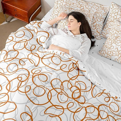 Erosebridal Geometric 7 Piece Comforter Set King Bed in A Bag Orange White Abstract Lines Bedding Set for Boys Girls Bedroom Modern Abstract Texture Quilt Contemporary Swirls Aesthetic Sheet Set